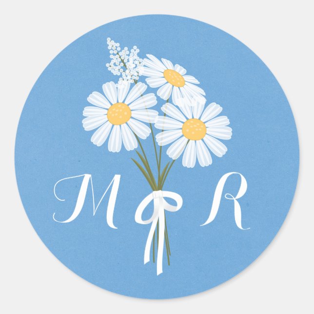 Elegant Floral White Daisies on Blue Monogram Classic Round Sticker (Front)