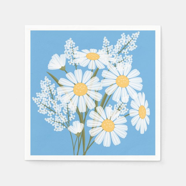 Elegant Floral White Daisies on Blue Napkin (Front)