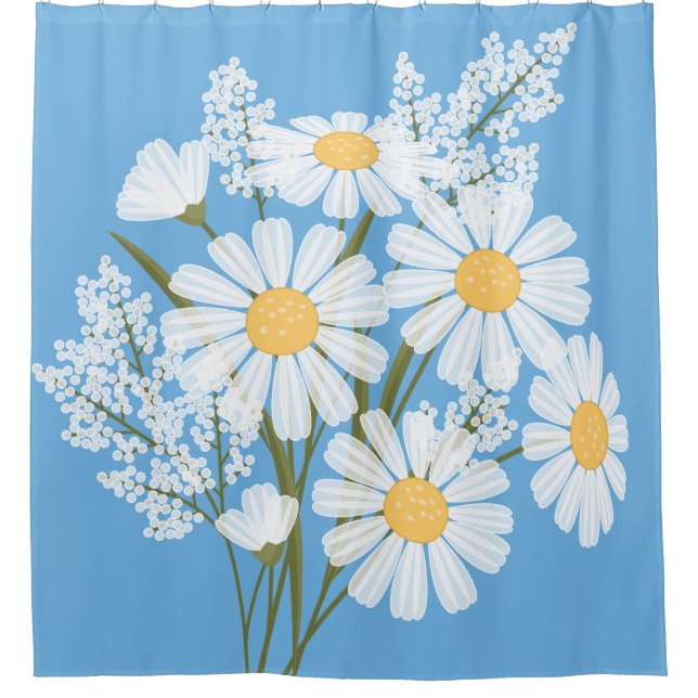Elegant Floral White Daisies on Blue Shower Curtain (Front)