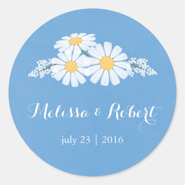 Elegant Floral White Daisies on Blue Wedding Classic Round Sticker (Front)