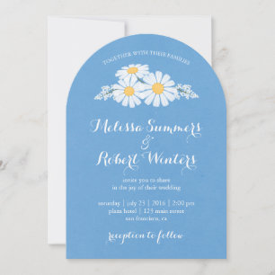 Elegant Floral White Daisies on Blue Wedding Invitation