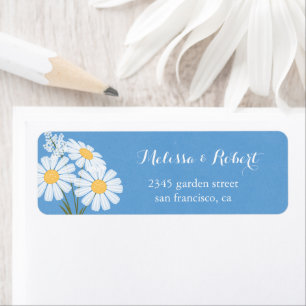 Elegant Floral White Daisies on Blue Wedding Return Address Label