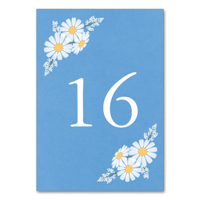 Elegant Floral White Daisies on Blue Wedding Table Number (Front)