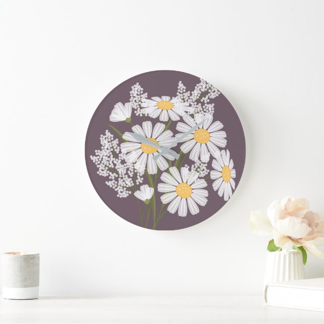 Elegant Floral White Daisies on Dark Purple Large Clock (Home)