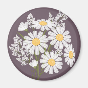 Elegant Floral White Daisies on Dark Purple Magnet