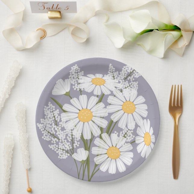 Elegant Floral White Daisies on Lavender Paper Plate (Wedding)