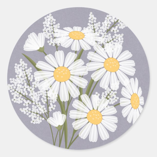 Elegant Floral White Daisies on Lavender Wedding Classic Round Sticker (Front)