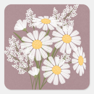 Elegant Floral White Daisies on Pink Wedding Square Sticker
