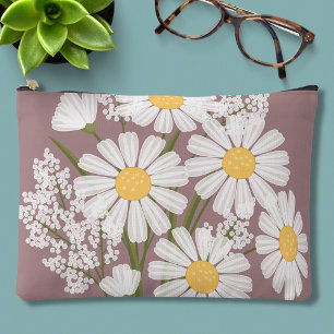 Elegant Floral White Daisies on Rosy Brown Accessory Pouch