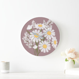 Elegant Floral White Daisies on Rosy Brown Large Clock