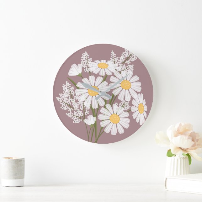 Elegant Floral White Daisies on Rosy Brown Large Clock (Home)