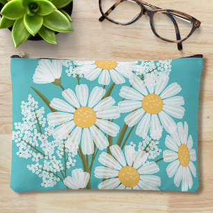 Elegant Floral White Daisies on Teal Accessory Pouch