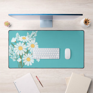 Elegant Floral White Daisies on Teal Desk Mat