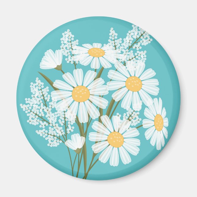Elegant Floral White Daisies on Teal Magnet (Front)