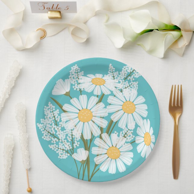 Elegant Floral White Daisies on Teal Paper Plate (Wedding)