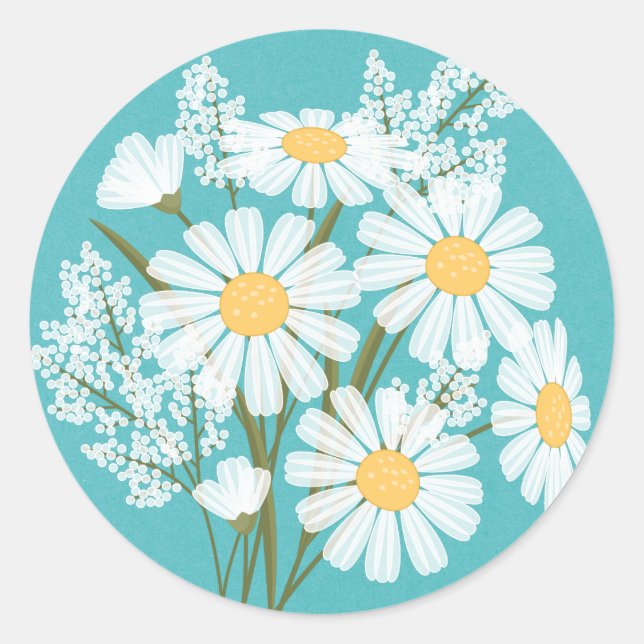 Elegant Floral White Daisies on Teal Wedding Classic Round Sticker (Front)