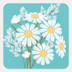 Elegant Floral White Daisies on Teal Wedding Square Sticker