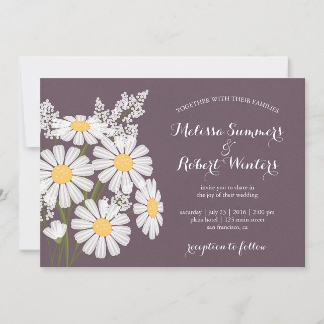Elegant Floral White Daisies Plum Wedding Invitation (Front)