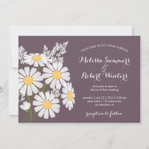 Elegant Floral White Daisies Plum Wedding Invitation