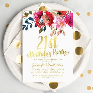 Elegant Floral White Gold 21st Birthday Party Invitation
