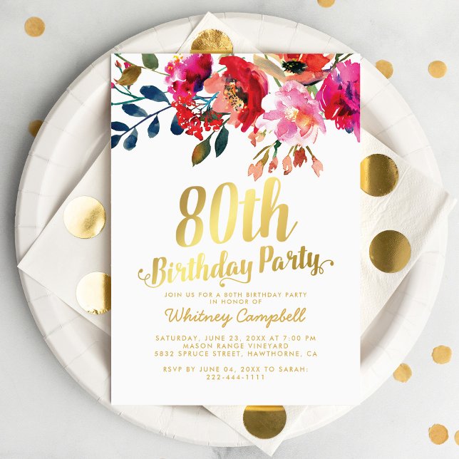 Elegant Floral White Gold 80th Birthday Party Invitation (Creator Uploaded)