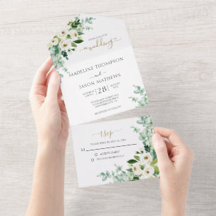 Elegant Floral White Gold Rose Watercolor Wedding All In One Invitation