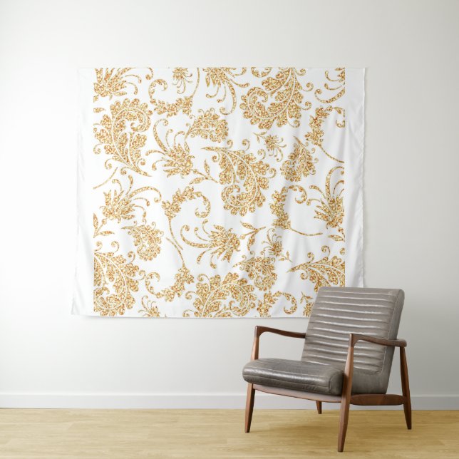 Elegant Floral White Gold Tapestry (In Situ (Horizontal))