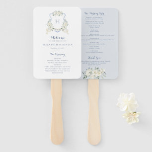 Elegant Floral White Greenery Crest Blue Wedding Hand Fan