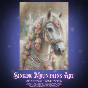 Elegant Floral White Horse Cottagecore Decoupage Tissue Paper