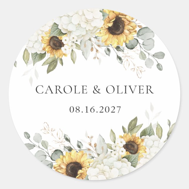 Elegant Floral White Hydrangea Sunflowers Wedding Classic Round Sticker (Front)