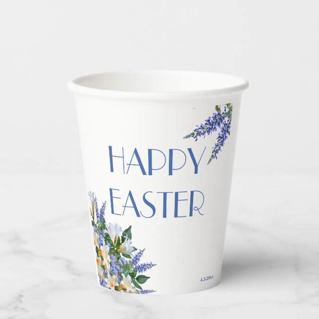 Elegant Floral White Lilies Blue 'Happy Easter'  Paper Cups (Front)