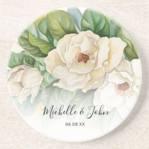 Elegant Floral White Magnolia Script Names Wedding Coaster