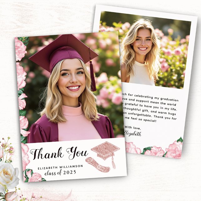 Elegant Floral White Pink Grad Photo Graduation Thank You Card (Creator Uploaded)