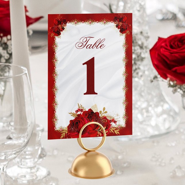 Elegant Floral White Red Roses Wedding Table Number (Creator Uploaded)
