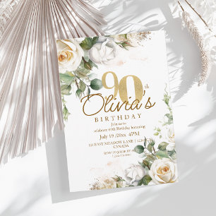 Elegant Floral White Roses & Gold 90th Birthday Invitation