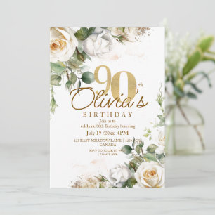 Elegant Floral White Roses & Gold 90th Birthday Invitation