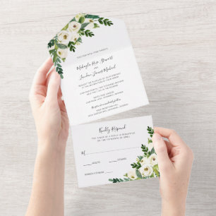 Elegant Floral White Roses Greenery Wedding All In One Invitation