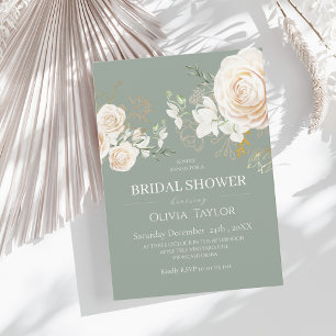 Elegant Floral White Roses Sage Bridal Shower Invitation