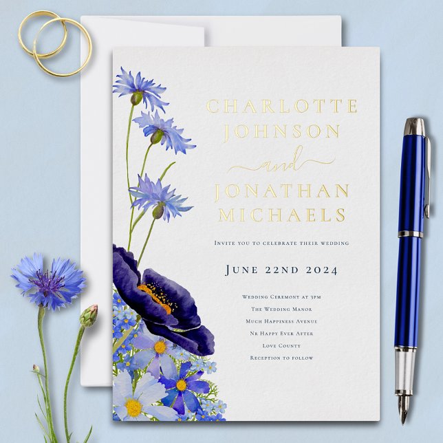 Elegant Floral Wildflower Blue and Gold (Modern wildflower blue floral gold foil typography wedding invitation )