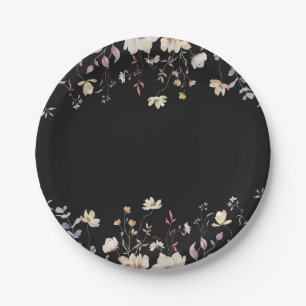 Elegant Floral Wildflowers Black Boho Fall Wedding Paper Plate