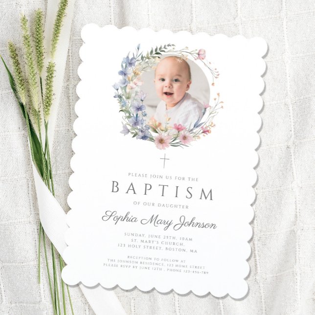 Elegant Floral Wildflowers Girl Baptism Photo Invitation (Elegant Floral Wildflowers Girl Baptism Photo Invitation)