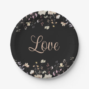 Elegant Floral Wildflowers Love Black Boho Wedding Paper Plate