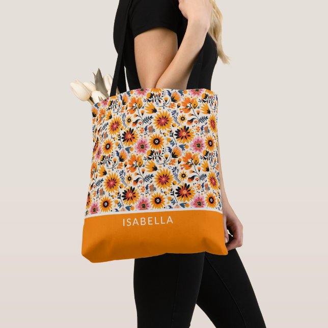 Elegant Floral Wildflowers Personalise Monogram Tote Bag (Close Up)