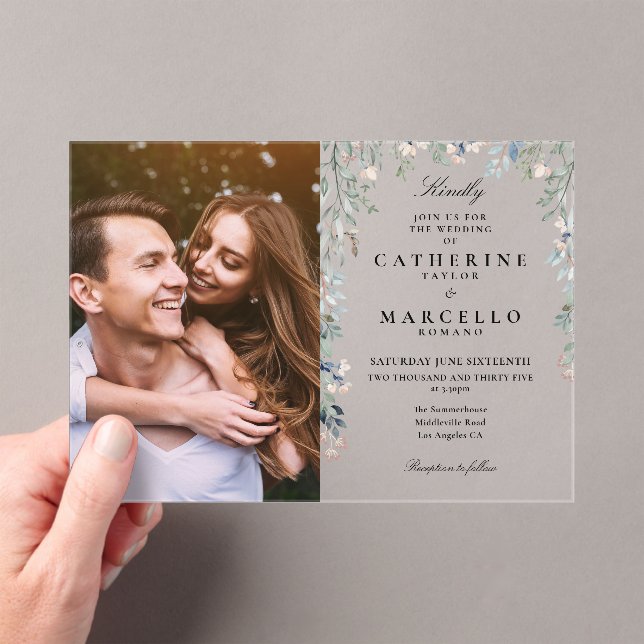 Elegant Floral Wildflowers Photo Wedding Acrylic Invitations (Insitu (Handheld))