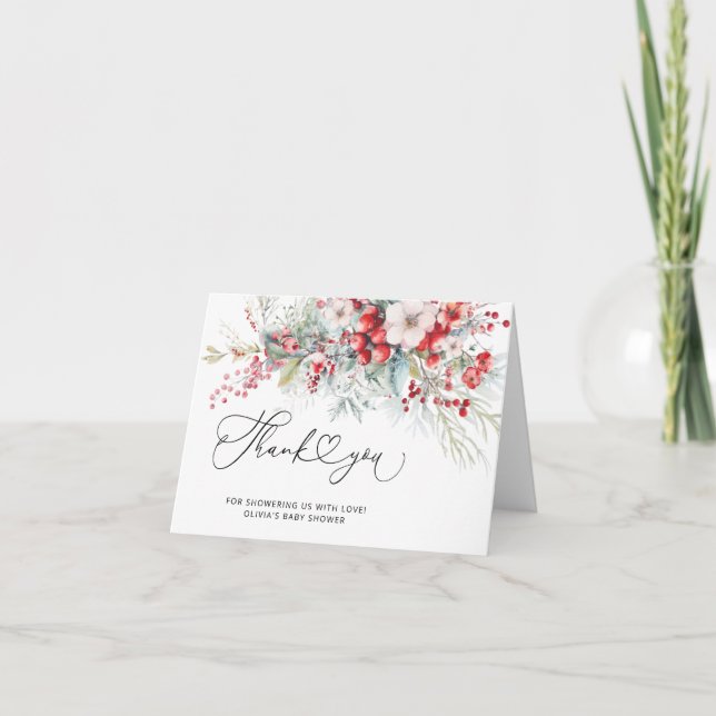 Elegant Floral Winter Baby Shower Thank You Card (Front)