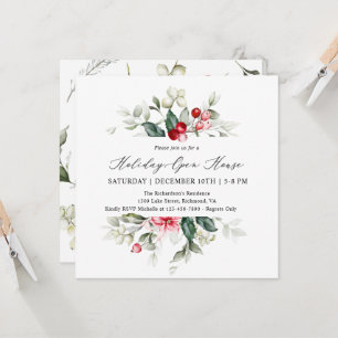 Elegant Floral Winter Berries Holiday Open House   Invitation