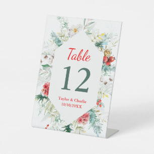 Elegant Floral Winter Wedding Table Number Pedestal Sign