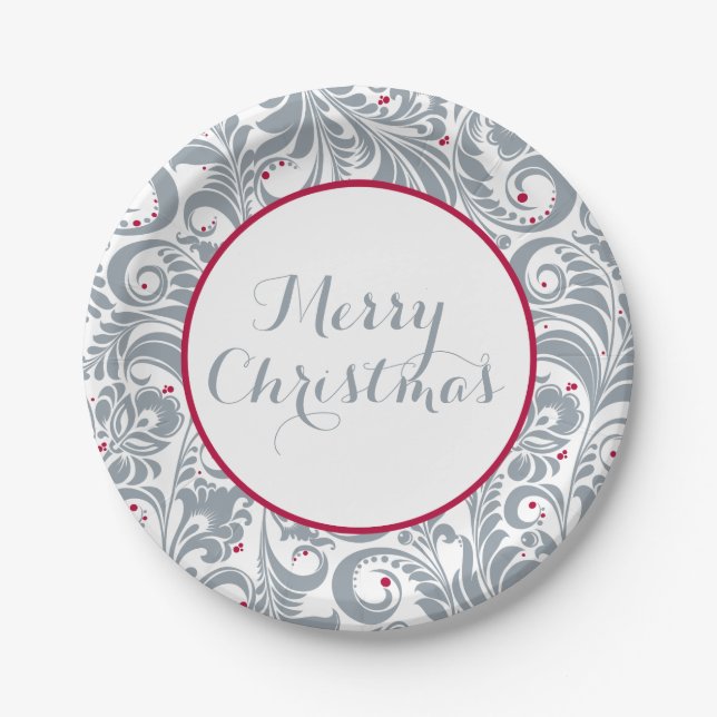 Elegant Floral with Berries | Merry Christmas Paper Plate (Front)