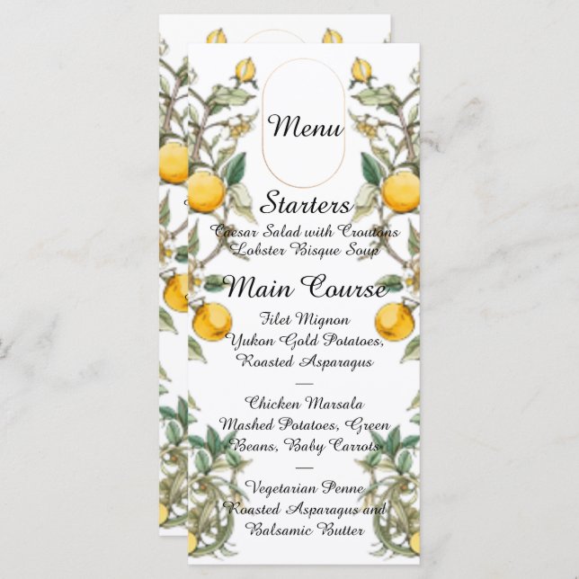 Elegant Floral with Lemons Wedding Menu (Front/Back)