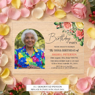 Elegant Floral with Photo 100th Birthday Party  Acrylic Invitations